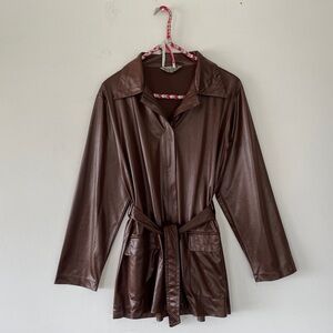 Vintage Blue Real Brown Shiny Zippered Belted Long Sleeve Top